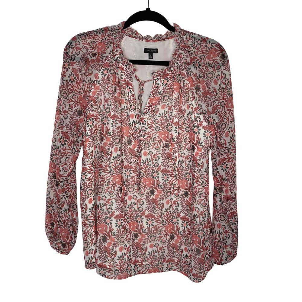 Talbots Blouse Pink Floral Ruffle Neck Tie Front Lined Peasant Top Sz Small